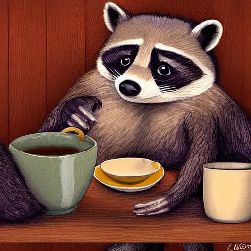 Prompt: little raccoon sitting by a cozy fireplace with a cup of tea. warm color temperature. digital art,