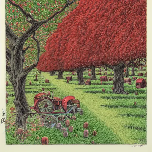 Image similar to warm red, steampunk eclectic, shadowy by shotaro ishinomori, by todd schorr. a beautiful drawing depicting a farm scene. the drawing shows a view of an orchard with trees in bloom.