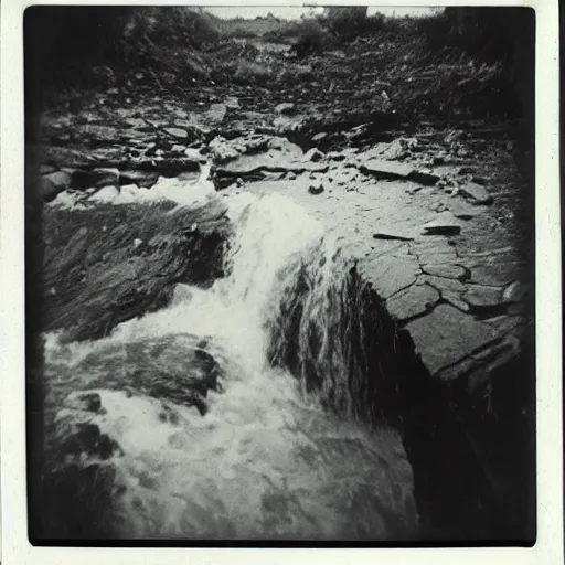 Image similar to a deep dark hole in the ground with rushing water at the bottom, creepy, eerie, unsettling, terrifying, jagged rocks, dark, old polaroid, expired film,