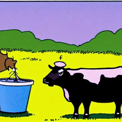 Image similar to a cow points at a bucket, far side comic by gary larson