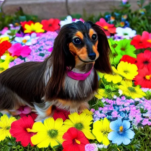 Image similar to long haired dachshund shi tzu mix laying on a bed of multi-color flowers l, Matisse