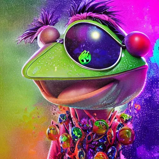 Prompt: ultra detailed illustration of Kermit the Frog from Sesame Street covered in a sea of iridescent liquid by nekro, Karol Bak, colorful, vivid colors, 8k, coherent, anime vibes, uplifting, magical composition, artstation, synthwave, 8k, coherent, artgerm, uplifting, unreal engine, magical composition, artstation