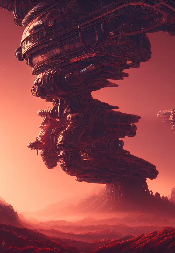 Image similar to ultra realist intricate detailed landscape painting of an alien world, red sky with mech buildings and cyborg tech, symmetry accurate features, very intricate details, bokeh focus, 8k render, artstyle Hiraku Tanaka and Tom Bagshaw, award winning