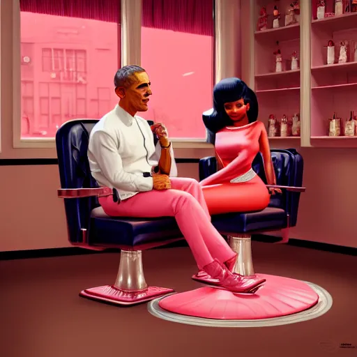 Image similar to illustration of nicki minaj sitting next to barack obama in a 6 0's vintage barbershop, symmetrical, cinematic scene, brownish colors, hyper realistic, highly detailed, octane render, trending on artstation