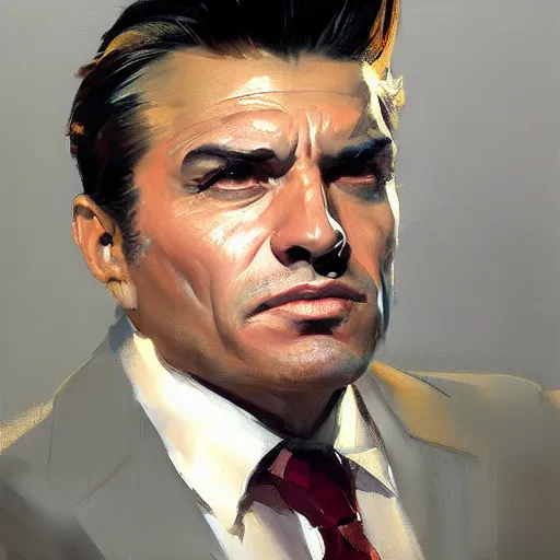 Image similar to Greg Manchess portrait painting of a medium athletic built business tycoon 50 year old caucasian character, soul patch, slick hair, sinister, medium shot, asymmetrical, profile picture, Organic Painting, dramatic light, matte painting, bold shapes, hard edges, street art, trending on artstation, by Huang Guangjian and Gil Elvgren and Sachin Teng