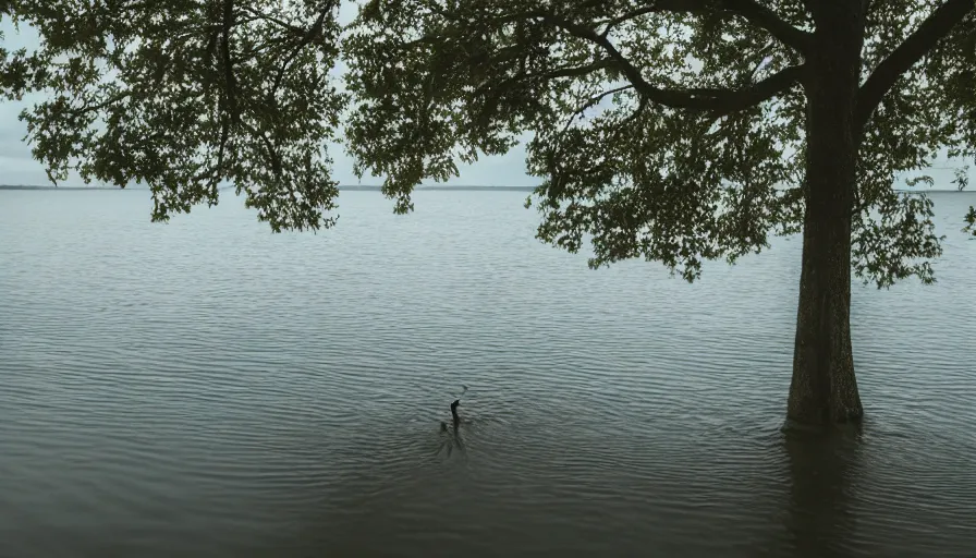 Image similar to photograph of an infinitely long rope floating on the surface of the water, the rope is snaking from the foreground towards the center of the lake, a dark lake on a cloudy day, trees in the background, moody scene, anamorphic lens, kodak color film stock