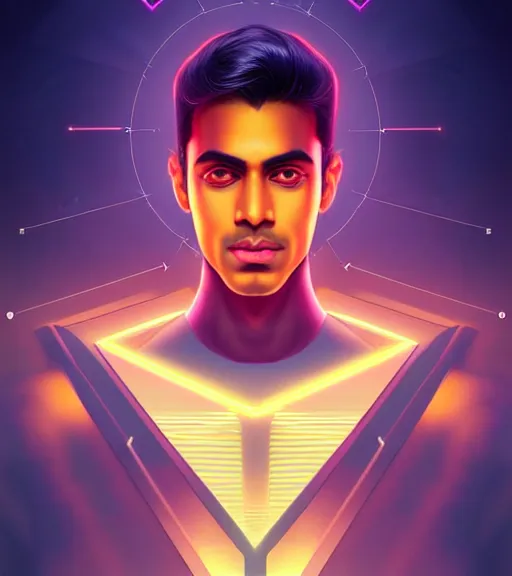 Image similar to symmetry!! indian prince of technology, solid cube of light, hard edges, product render retro - futuristic poster scifi, lasers and neon circuits, brown skin handsome indian prince, intricate, elegant, highly detailed, digital painting, artstation, concept art, smooth, sharp focus, illustration, dreamlike, art by artgerm