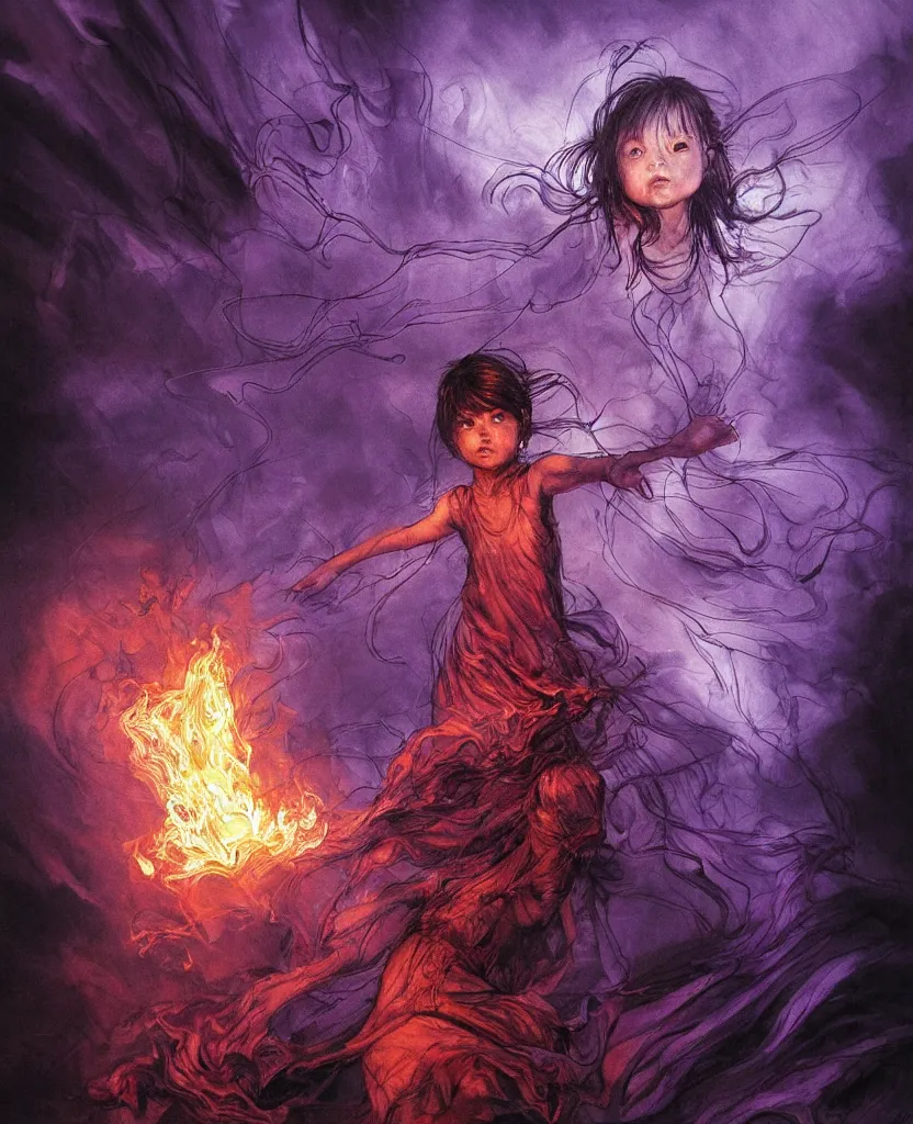 Image similar to a painting small girl with purple fire in his hands fighting a giant, dark colors, sinister atmosphere, dramatic lighting, cinematic, establishing shot, extremely high detail, photo realistic, cinematic lighting, pen and ink, intricate line drawings, by Yoshitaka Amano, Ruan Jia, Kentaro Miura, Artgerm, post processed, concept art, artstation, matte painting, style by eddie mendoza, raphael lacoste, alex ross,