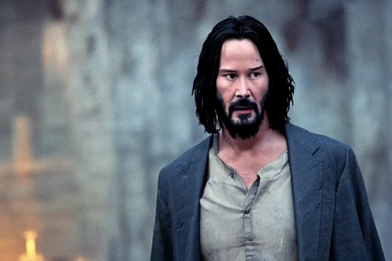 Image similar to promotional image of Keanu Reeves as Jesus Christ in the new movie directed by Christopher Nolan, 50mm film, movie still, promotional image, cinematic
