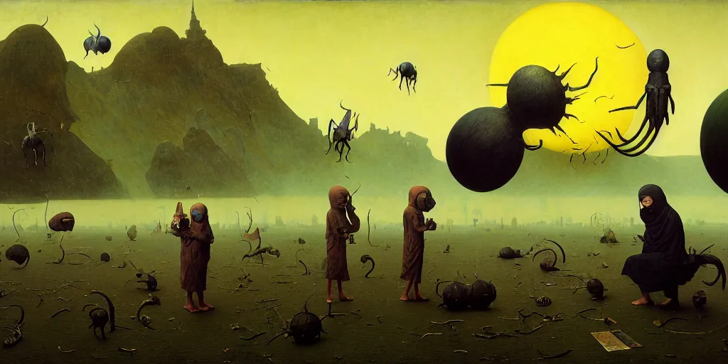 Image similar to muslim arthropods, as a matte oil painting, surreal, fog, concept art, award - winning, extremely detailed, sharp focus, very coherent and colorful high contrast masterpiece by norman rockwell franz sedlacek hieronymus bosch dean ellis simon stalenhag rene magritte gediminas pranckevicius, dark shadows, sunny day, hard lighting