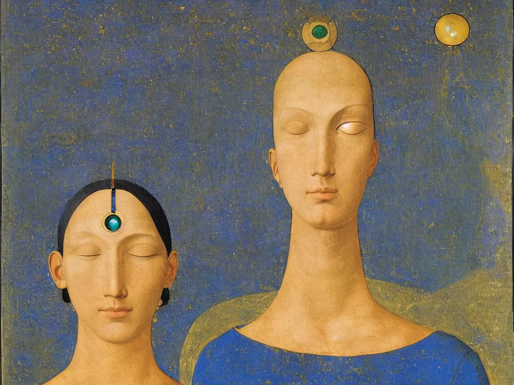 Prompt: portrait of a head in meditation with the third eye. lapis lazuli, malachite, turquoise, gold. painting by piero della francesca, balthus, agnes pelton