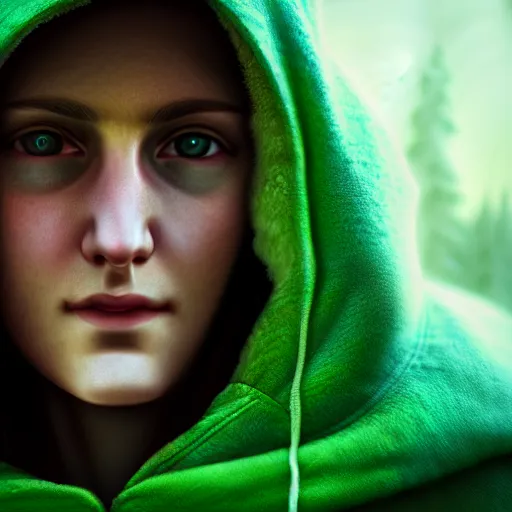 Prompt: portrait of a beautiful programmer with green hood by greg rutkowski, 4 k, close up