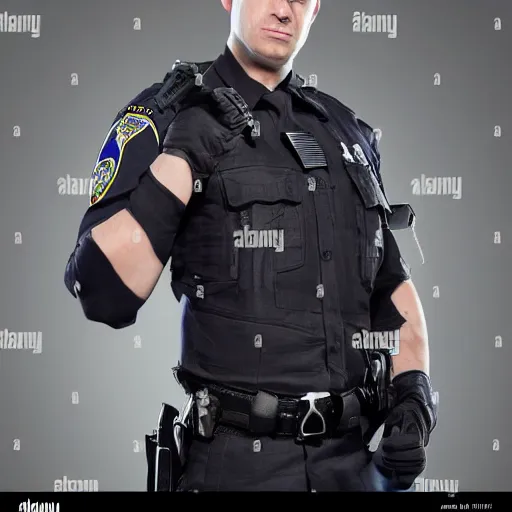 Image similar to A police officer superhero hybrid, posing heroically, stock image