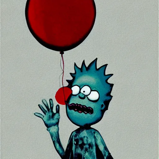 Prompt: grunge painting of elmo with a wide smile and a red balloon screenshot from rick and morty, creepy lighting, horror theme, detailed, elegant, intricate, conceptual