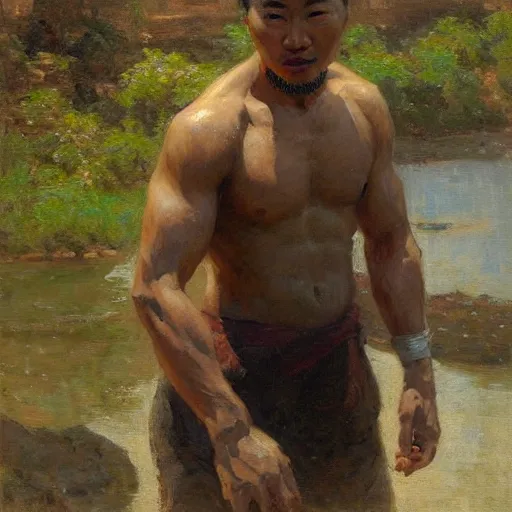 Prompt: asian man by the river, muscular, painted by Gaston Bussiere, Craig Mullins