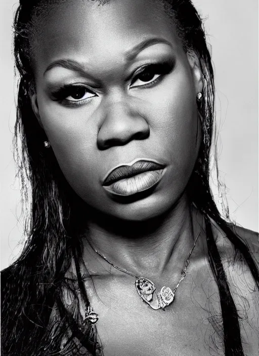 Prompt: portrait of beautiful female 5 0 cent by mario testino, headshot, detailed, award winning, sony a 7 r