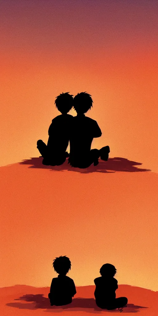 Image similar to a silhoutte of 2 boys sitting on a hill seeing a sunset by hayao miyazaki, orange skies, cloudy, detailed, illustration, anime, digital art, dreamy, vivid, colorful, ambient