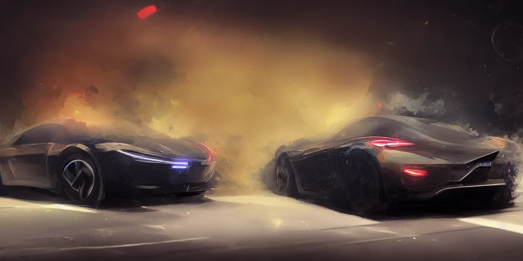 Image similar to full view of a single sport car, surrounded in a detailed smoke, driver leaning on the car, busy wet street at night, painted in dark color holographic pearlescent, elegant, digital painting, concept art, smooth, sharp focus, art style from Wang Ke and Greg Rutkowski and Bruce Kaiser and Scott Robertson and Dmitry Mazurkevich and Doruk Erdem and Jon Sibal, small style cue from Mad Max