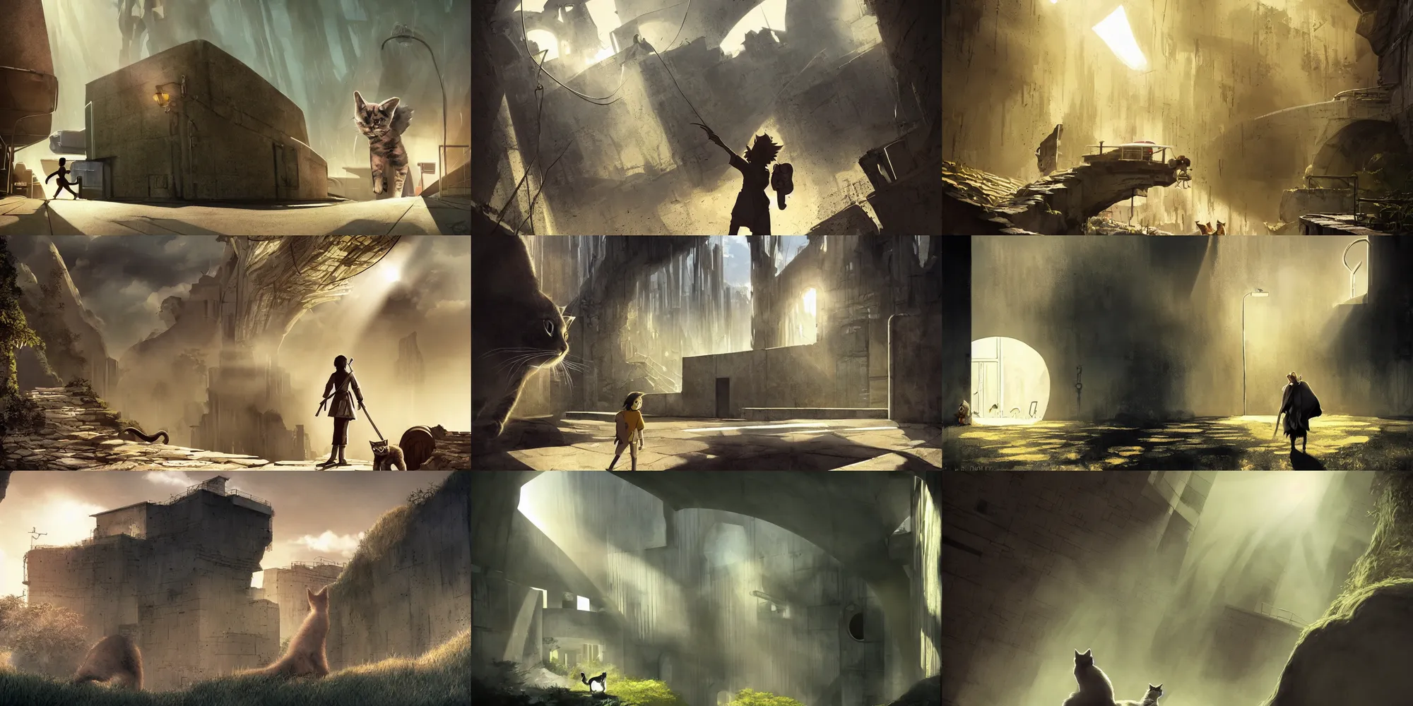 Prompt: dramatic lighting, nathan fowkes, ico cover, incredible ghibli movie screenshot, vanishing point, focal point, ultra wide, brutalist, yellow, kitten, kitty, feline, cat, paws, large dark hole in the side of a concrete wall, bright dappled golden sunlight, long dark shadows, black depths, posters, notices, hobbit hole, overgrown, spiderwebs