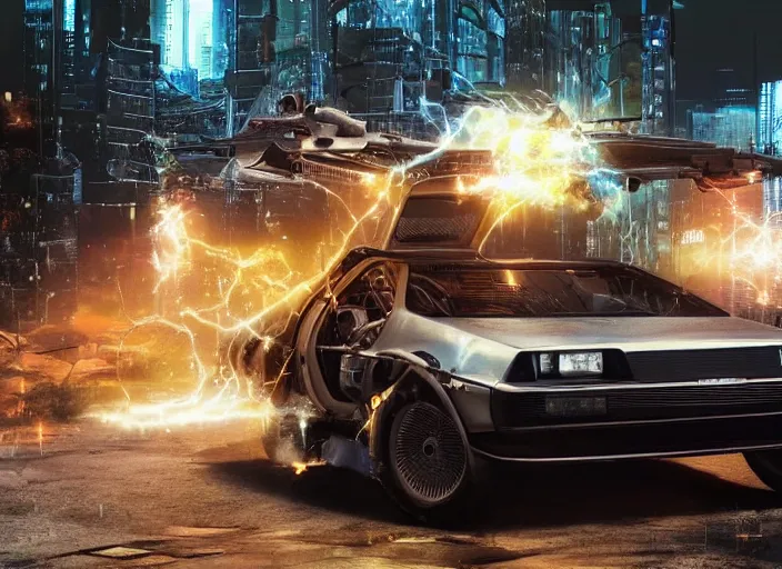 Image similar to a cyberpunk delorean breaking the space - time continuum, energy and time particles, dramatic framing, movie footage, 8 k