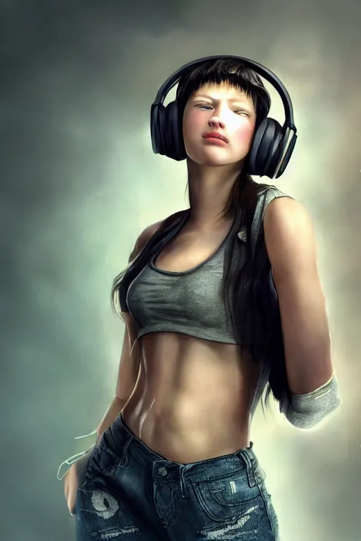 Image similar to A stunningly beautiful girl with headphones on, her clothes are made of dubstep, wub wub wub, dramatic lighting, cinematic, establishing shot, extremely high detail, foto realistic, cinematic lighting, post processed, concept art, high details, cinematic, 8k resolution, beautiful detailed, photorealistic, digital painting, artstation, concept art, smooth, sharp focus, artstation trending, octane render, unreal engine