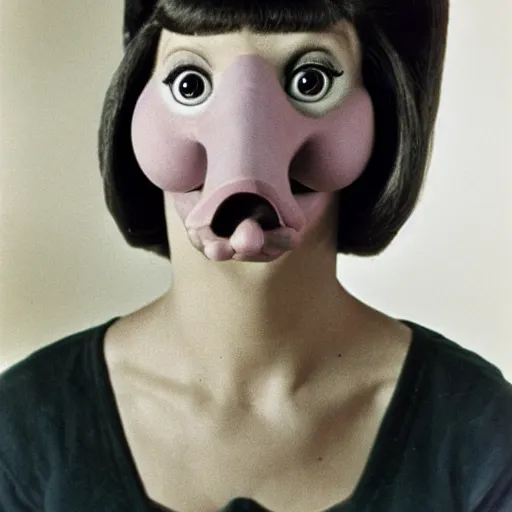Prompt: woman with a nostril face, long snout, 1974 wacky live-action children's television show, technicolor film