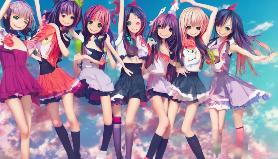 Image similar to three cute anime characters jumping, colorful outfits, realistic face, detailed face, detailed eyes, short miniskirts, lightly dressed, ultra detailed digital art, hyper real, detailed, group photo, ultra detailed, ground up angle