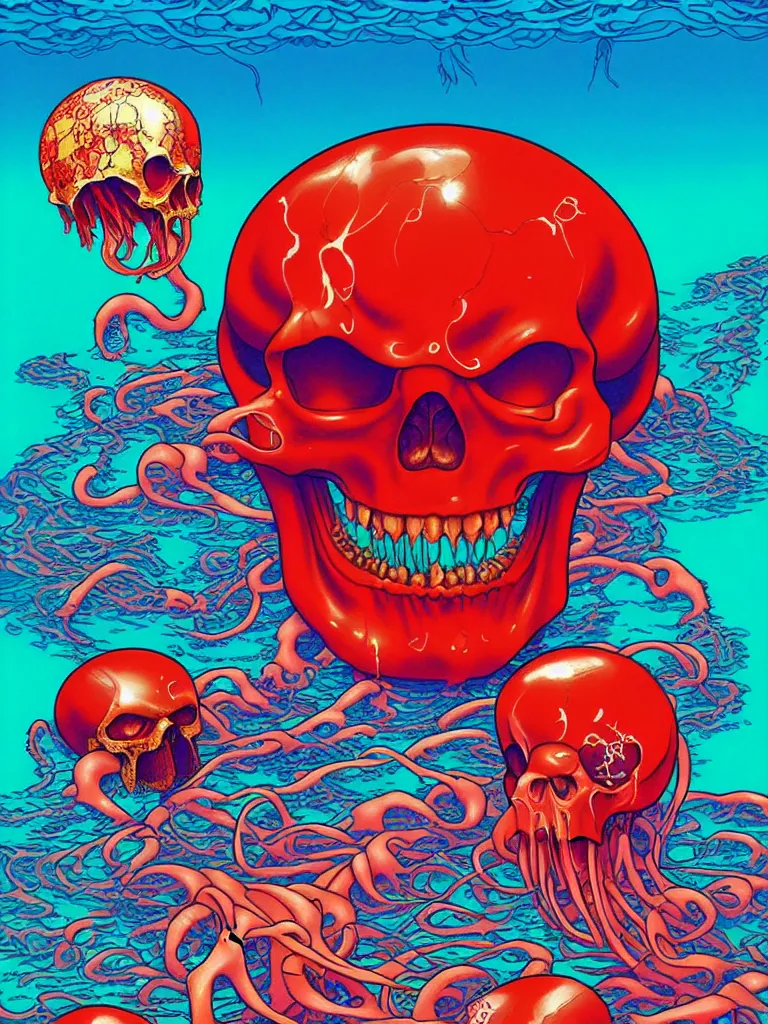 Prompt: a glowing red skull in the sea caught by a jellyfish by josan gonzalez and dan mumford and albrecht anker and miho hirano and ross tran and chiho aoshima, highly detailed, high contrast, pop art, comic shading, intricate details, blended color palette