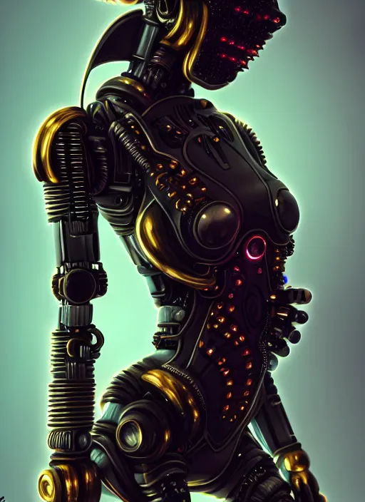 Image similar to soft lustrous full body ebony biotech raver gutter punk cyberpunk robot bioweapon, golden ratio, details, scifi, fantasy, cyberpunk, intricate, decadent, highly detailed, digital painting, octane render, artstation, concept art, smooth, sharp focus, illustration, art by artgerm, loish, wlop