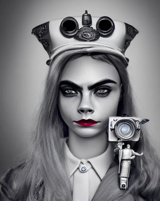 Prompt: closeup face profile portrait of cara delevingne as a tin toy fbi agent, bikini, depth of field, zeiss lens, detailed and intricate environment, fashion photoshoot by nicoletta ceccoli, mark ryden, lostfish, breathtaking, 8 k resolution, artistic, hyperrealistic, octane render
