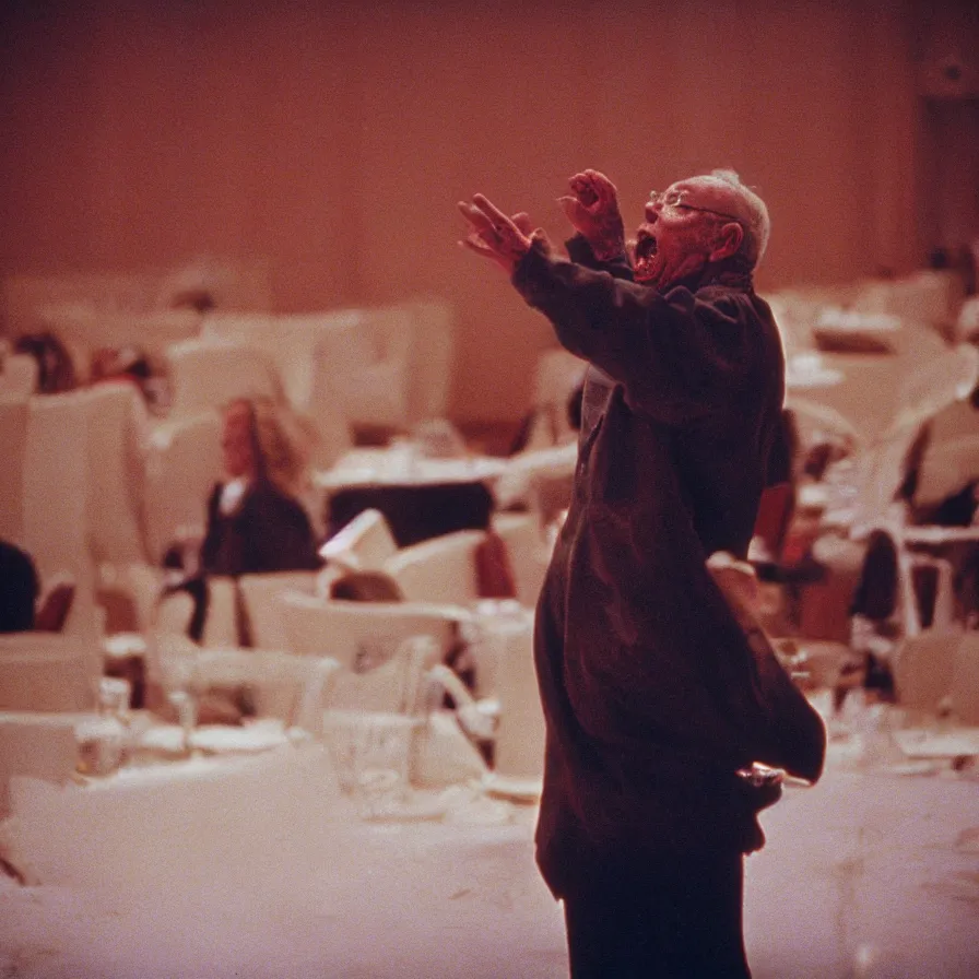 Prompt: 9 0 s movie still of an old man yelling in an empty soviet ballroom flooded with blood, cinestill 8 0 0 t 3 5 mm, heavy grain, high quality, high detail