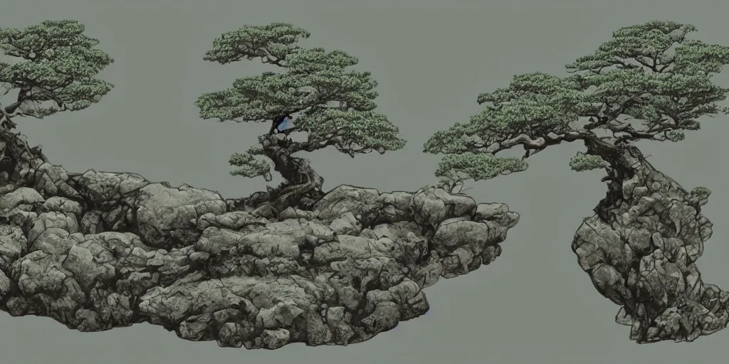 Prompt: old japanese landscape with curved trees and rocks, detailed, high quality, trending on artstation, 8 k, award winning