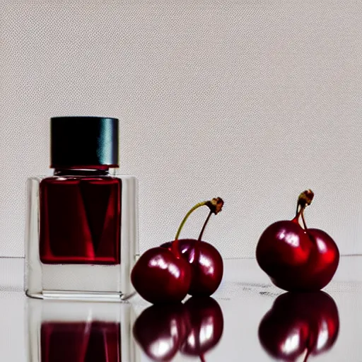 Prompt: perfume bottle surrounded by dark red cherries, softly - lit, realistic, up close shot, white background, zen, light, modern minimalist f 2 0