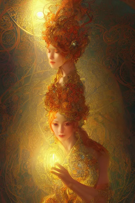 Image similar to tarot card artstation, portrait of a love dancer, sunrise, baroque ornamnet and rococo ornament, ancient chinese ornate, hyperdetailed, beautiful lighting, craig mullins, mucha, klimt, yoshitaka amano, red and gold and orange color palatte