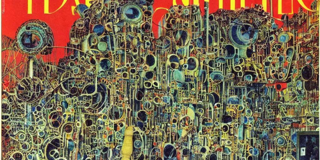 Prompt: 1970 magazine print of a Architectural model of a steam punk science fiction set painted by Hundertwasser, cinematography by Moebius, composition by Jules Verne