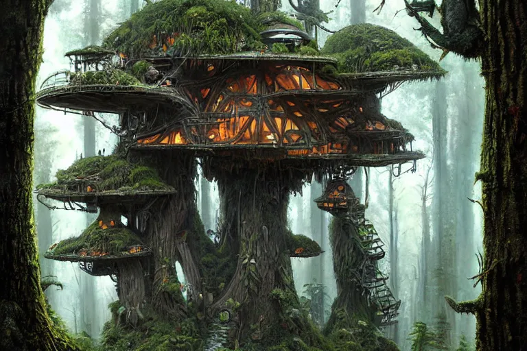 Image similar to lichenpunk treehouse village on endor, hyper detailed, by alejandro burdisio,