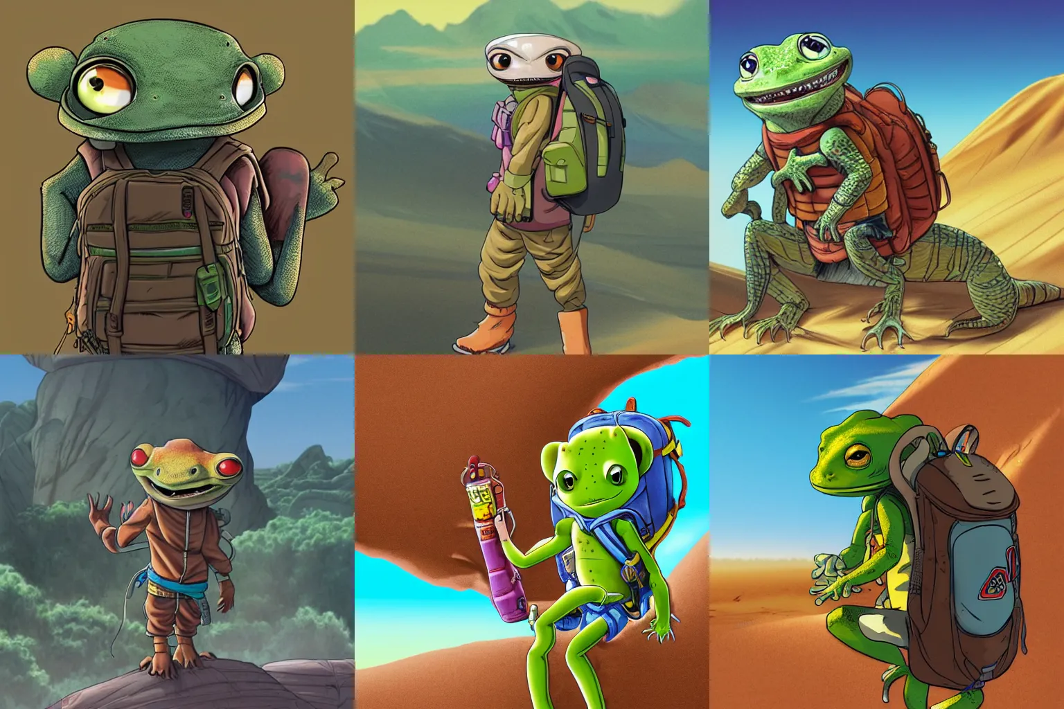 Prompt: anthro gecko with friendly eyes, wearing a backpack and a hoodie, in the desert, concept art, illustration, digital art, highly detailed, art by akira toriyama.