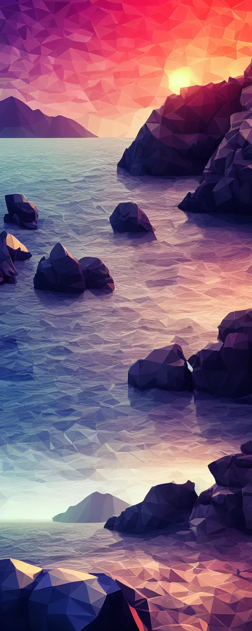 Prompt: super detailed color lowpoly art, northern sunset with rocks on front, monochrome photorealistic bay in the middle of perspective and mountains at background, big graphic ship in random point of bay, unreal engine, high contrast color palette, 3 d render, lowpoly, colorful, digital art, perspective