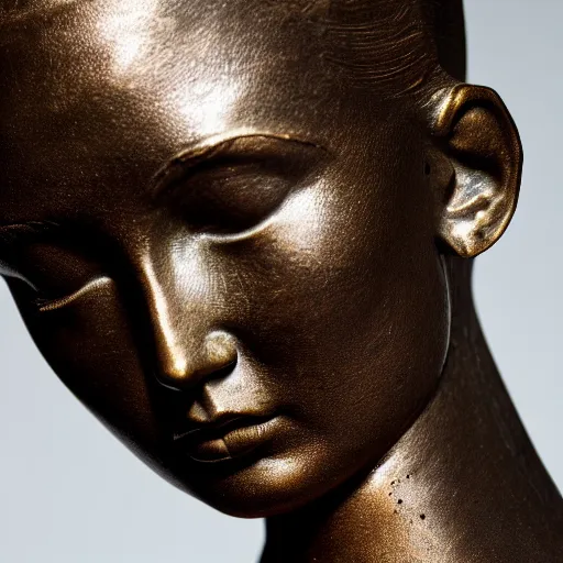 Image similar to detailed photo of an old bronze patina statue of a woman like bella hadid mid body portrait, intricate detail, museum diffuse lighting