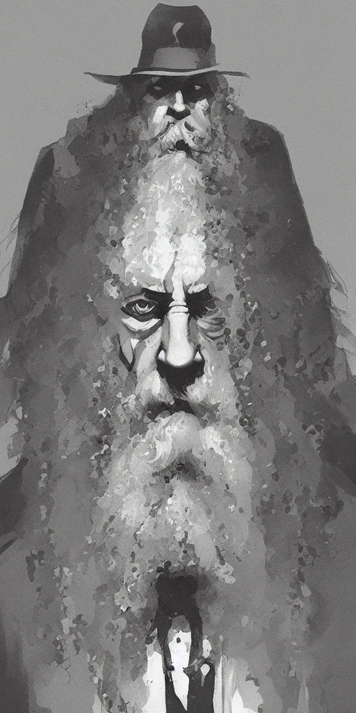 Prompt: Alan moore portrait, by greg rutkowski and mike mignola, matte painting, trending on artstation,