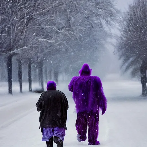 Prompt: a purple gorila and boy with colored dread hair walking in snow, 6 : 3 0 am, painted by michelangelo