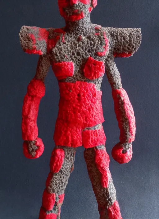 Prompt: sponge sculpture of an ancient warrior red and black theme