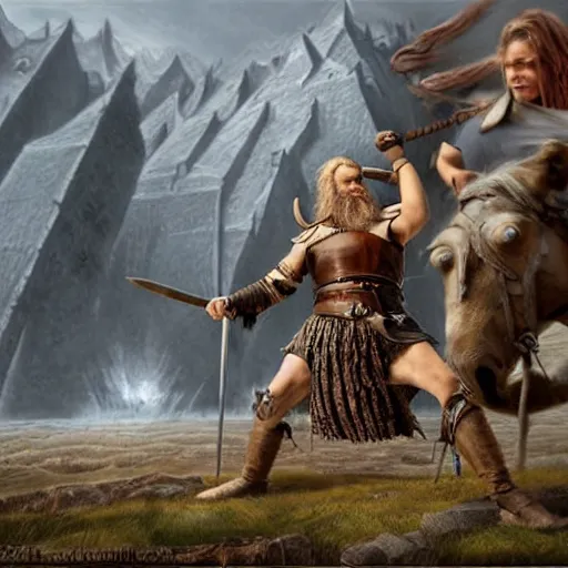 Prompt: viking fighting against a giant fantasy art, matte painting