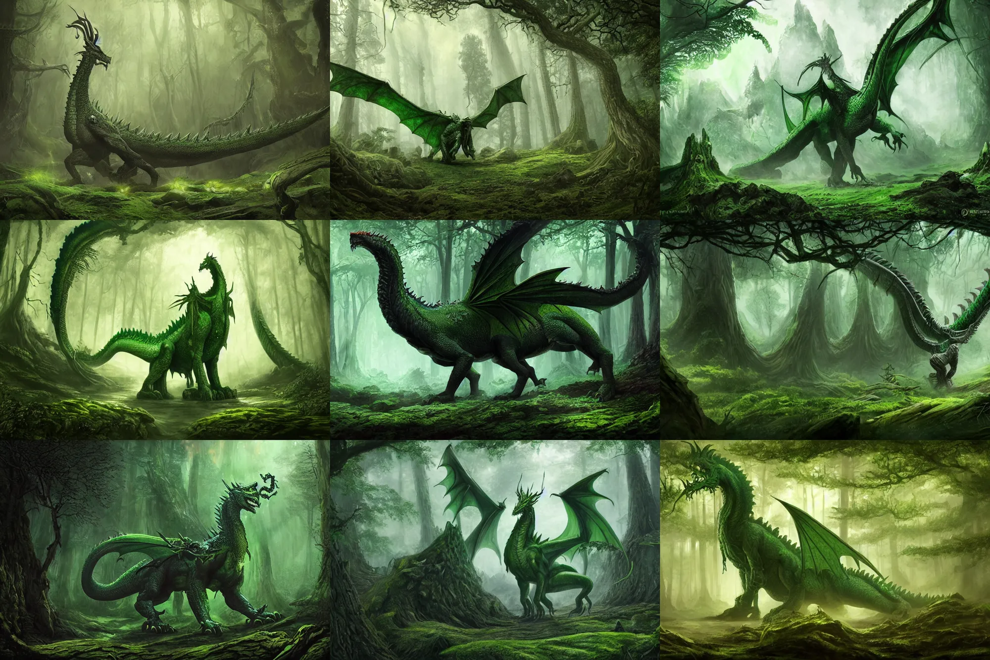 Prompt: a large green dragon standing in the middle of a forest, a detailed matte painting by H.P. Lovecraft, featured on cgsociety, fantasy art, lovecraftian, concept art
