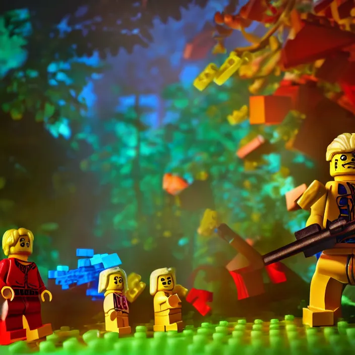 Prompt: neoclassical image of a lego minifigure saving a small lego creature made of individual bricks in a colorful forest, concept art, dynamic lighting, artstation, poster, volumetric lighting, 8 k, award winning