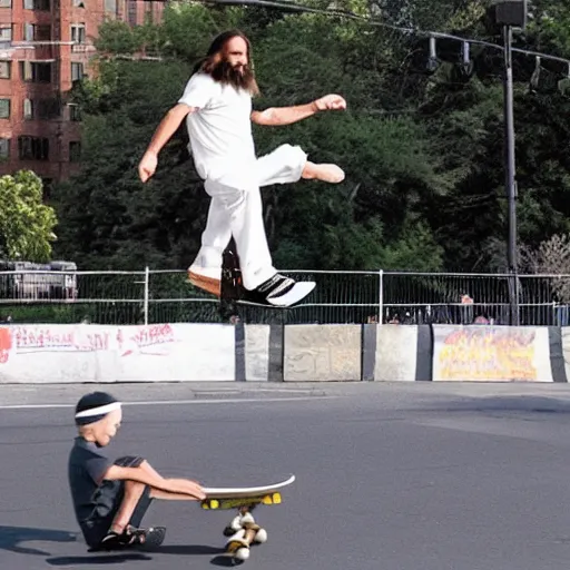 Prompt: jesus christ doing a kickflip on a skateboard over donald trump