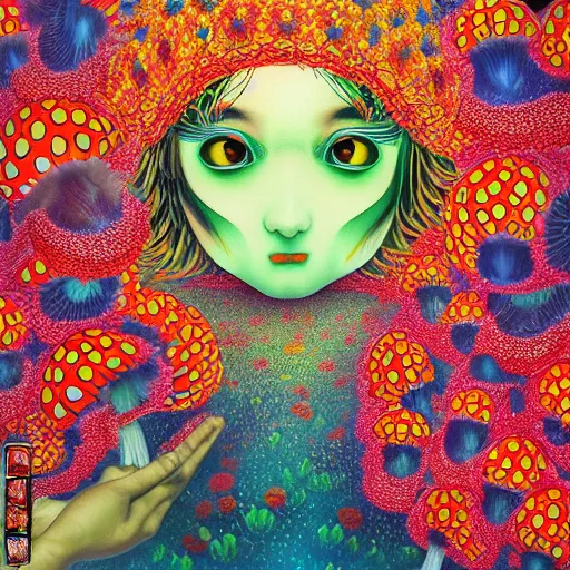 Image similar to a japanese psychedelic love goddess, a sense of awe, offering mushrooms, illustration, slime, amanita - muscaria, elegant, hyper realistic, super detailed, by tadanori yokoo