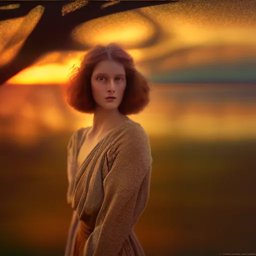 Image similar to photographic portrait of a stunningly beautiful arts and crafts art nouveau secessionist symbolism female in soft dreamy light at sunset, contemporary fashion shoot, by edward robert hughes, annie leibovitz and steve mccurry, david lazar, jimmy nelsson, breathtaking, 8 k resolution, extremely detailed, beautiful, establishing shot, artistic, hyperrealistic, beautiful face, octane render