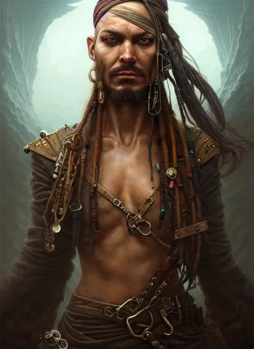 Prompt: closeup portrait shot of a pirate in a scenic dystopian environment, intricate, elegant, highly detailed, centered, digital painting, artstation, concept art, smooth, sharp focus, illustration, artgerm, tomasz alen kopera, peter mohrbacher, donato giancola, joseph christian leyendecker, wlop, boris vallejo