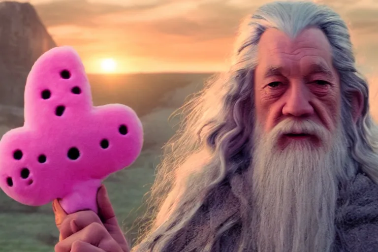 Image similar to portrait of Gandalf wearing pink Hello kitty costume, smiling warmly, sunrise, movie still from Lord of the Rings, cinematic